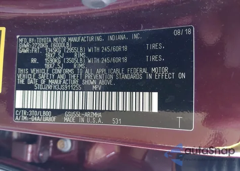 2018 Toyota Highlander Xle из США, поврежденный, VIN 5TDJZRFH3JS911255